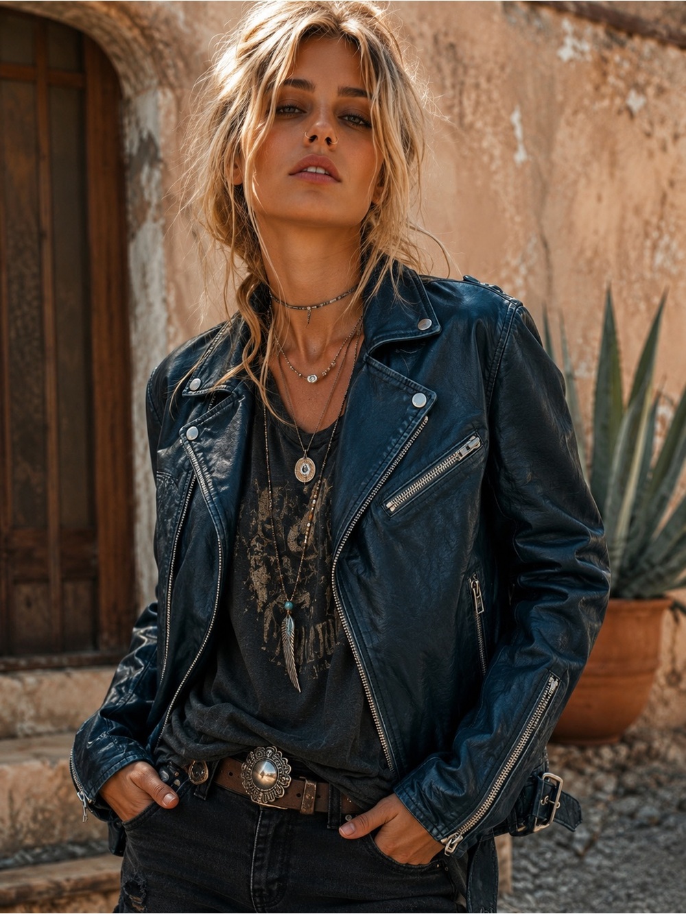 Mauritius Blue Black Leather Moto Jacket Sofia 4RF - Picture 15 of 16
